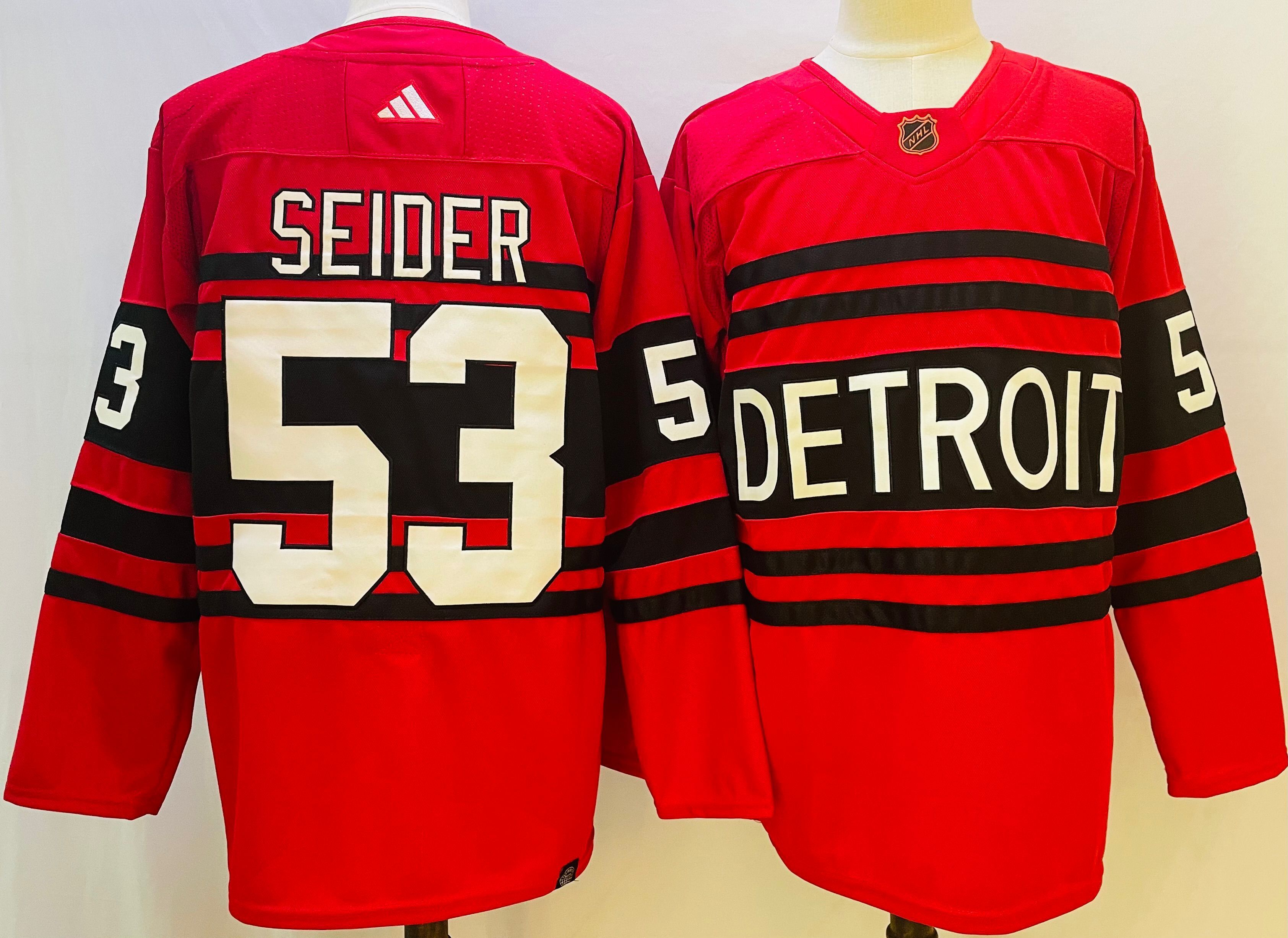 Men Detroit Red Wings #53 Seider Red Throwback 2022 Adidas NHL Jersey